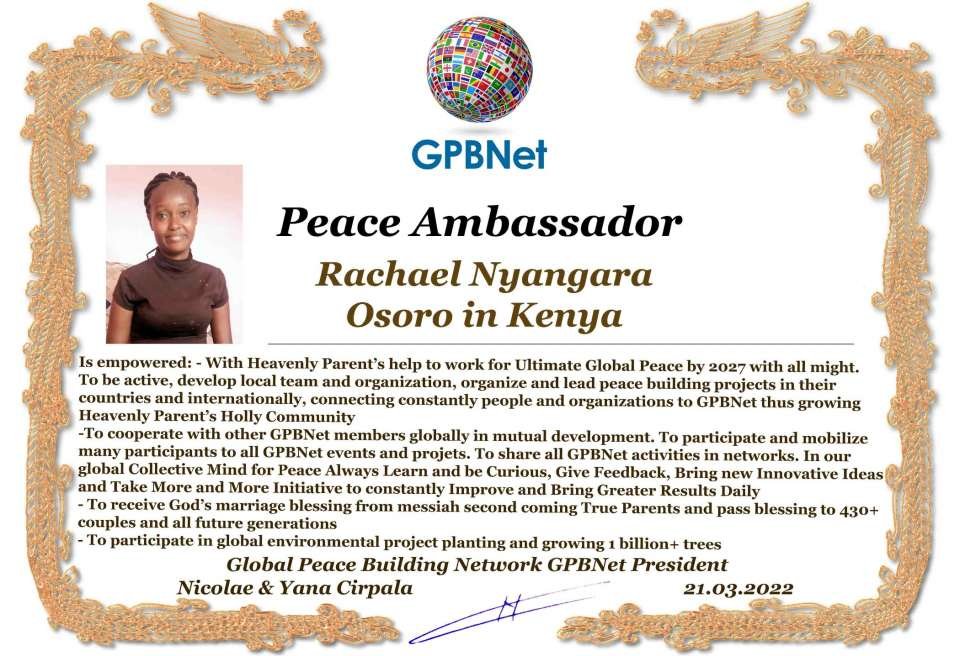 Happy Welcome to Ultimate Global Peace by 2027 campaign team, please contact for Cooperation #ForPeace #GPBNet <br />Rachael Nyangara Osoro in Kenya<br />& Receive Peace Ambassador Certificate to work #ForPeace in your area Watsapp +79811308385 –GPBNet Join, Subscribe and Share #YoutubeRecommend for Cooperation, to Donate, for consultation, to invite us as Guest Speakers at your online or offline events, to Volunteer, to receive marriage blessing call www.ivacademy.net