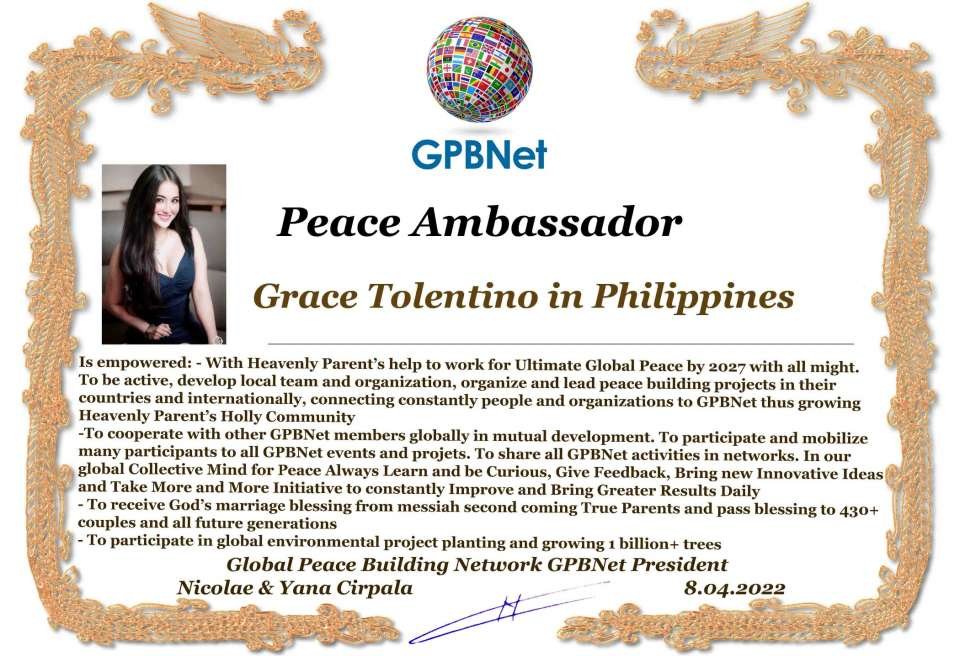 Happy Welcome to Ultimate Global Peace by 2027 campaign team, please contact for Cooperation #ForPeace #GPBNet <br />Grace Tolentino in Philippines<br />& Receive Peace Ambassador Certificate to work #ForPeace in your area Watsapp +79811308385 –GPBNet Join, Subscribe and Share #YoutubeRecommend for Cooperation, to Donate, for consultation, to invite us as Guest Speakers at your online or offline events, to Volunteer, to receive marriage blessing call www.ivacademy.net