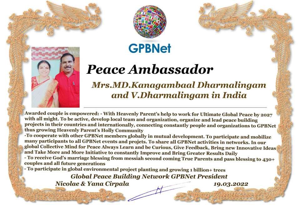 Happy Welcome to Ultimate Global Peace by 2027 campaign team, please contact for Cooperation #ForPeace #GPBNet  Mrs.MD.Kanagambaal Dharmalingam and V.Dharmalingamin India<br />& Receive Peace Ambassador Certificate to work #ForPeace in your area Watsapp +79811308385 –GPBNet Join, Subscribe and Share #YoutubeRecommend for Cooperation, to Donate, for consultation, to invite us as Guest Speakers at your online or offline events, to Volunteer, to receive marriage blessing call www.ivacademy.net