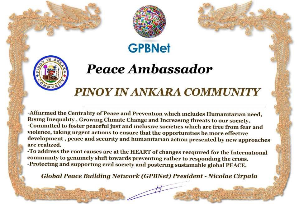 Happy Welcome to Ultimate Global Peace by 2027 campaign team & please contact for Cooperation #ForPeace #GPBNet<br />Awarded Peace Ambassador PINOY IN ANKARA COMMUNITY<br />You too Receive Peace Ambassador Certificate to work #ForPeace Watsapp +79811308385 –GPBNet Join, Subscribe and Share #YoutubeRecommend for Cooperation, to Donate, for consultation, to invite as Guest Speakers at your online or offline events, to Volunteer, to receive marriage blessing call www.ivacademy.net